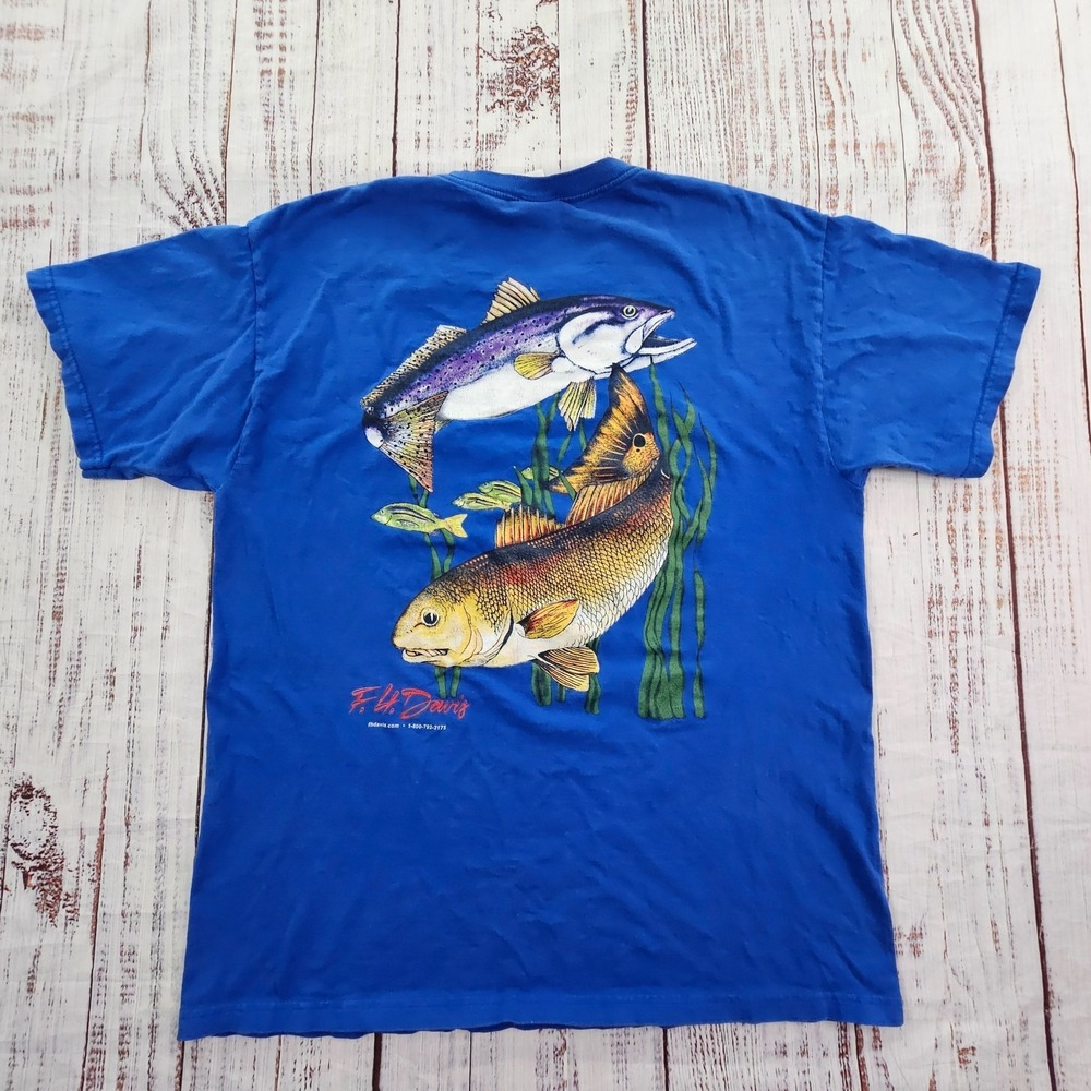 FH Davis Sport Fishing Blue Short‎ Sleeve Cotton T-Shirt Men's L